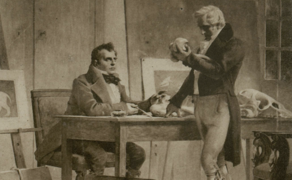 Painting of two men at desk examining fossils